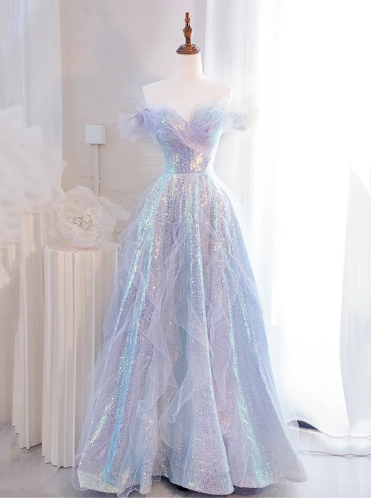 Lovely Purple Tulle Sequins Long Prom Dress, Off the Shoulder Evening Party Dress