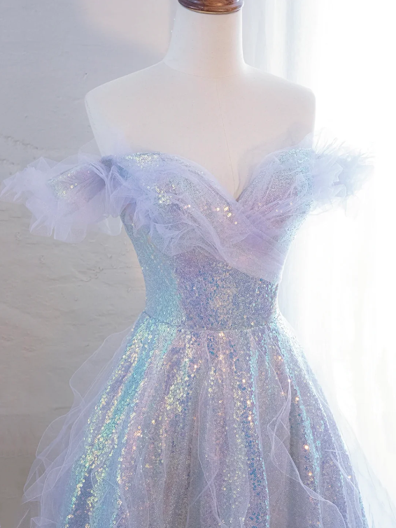 Lovely Purple Tulle Sequins Long Prom Dress, Off the Shoulder Evening Party Dress