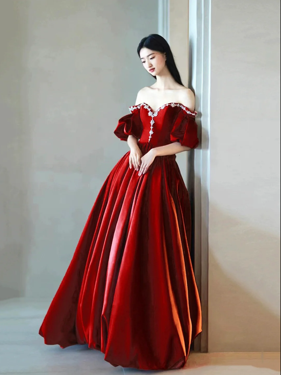 Burgundy Satin Rhinestone Floor Length Prom Dress, A-Line Off-The-Shoulder Princess Party Dress