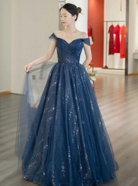 Blue Shiny Tulle Floor Length Prom Dress, Off the Shoulder A-Line Evening Party Dress