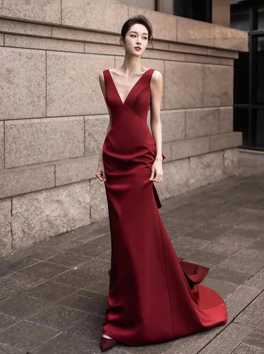 Burgundy V-Neck Satin Long Prom Dress, Elegant Backless Evening Party Dress