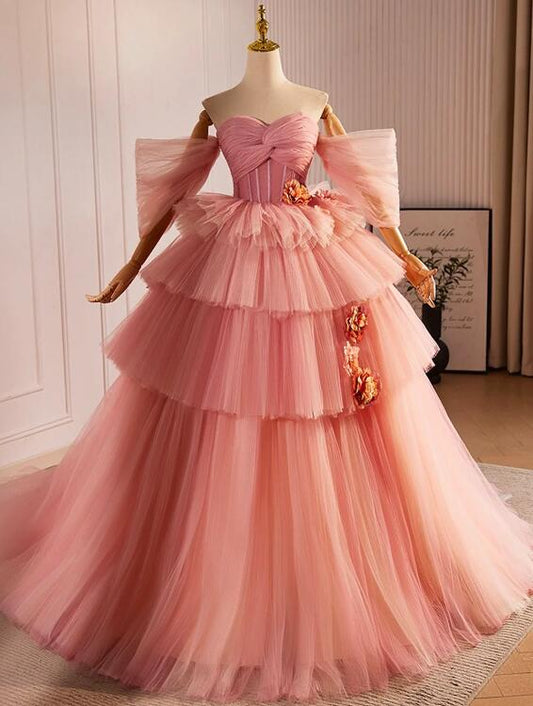 Pink Sweetheart Neck Tulle Long Ball Gown, Beautiful A-Line Evening Party Gown