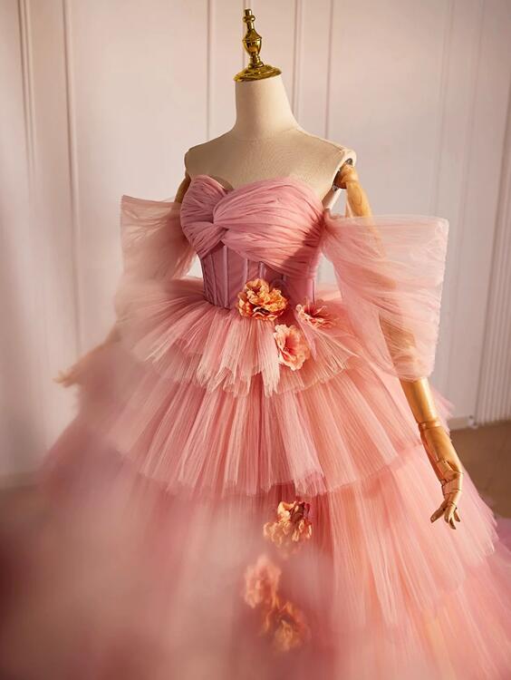 Pink Sweetheart Neck Tulle Long Ball Gown, Beautiful A-Line Evening Party Gown