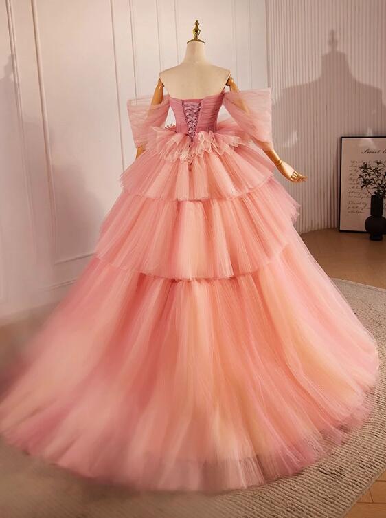 Pink Sweetheart Neck Tulle Long Ball Gown, Beautiful A-Line Evening Party Gown