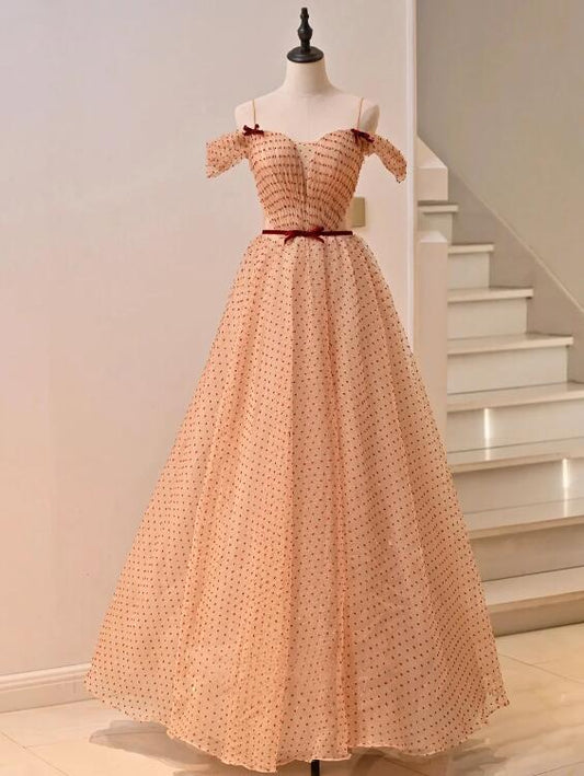 Previous Next   Cute Tulle Floor Length Prom Dress, Off the Shoulder Evening Party Dress