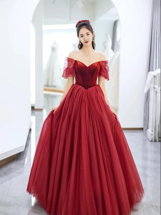 Burgundy Velvet and Tulle Floor Length Prom Dress, Beautiful Off the Shoulder Evening Party Dress