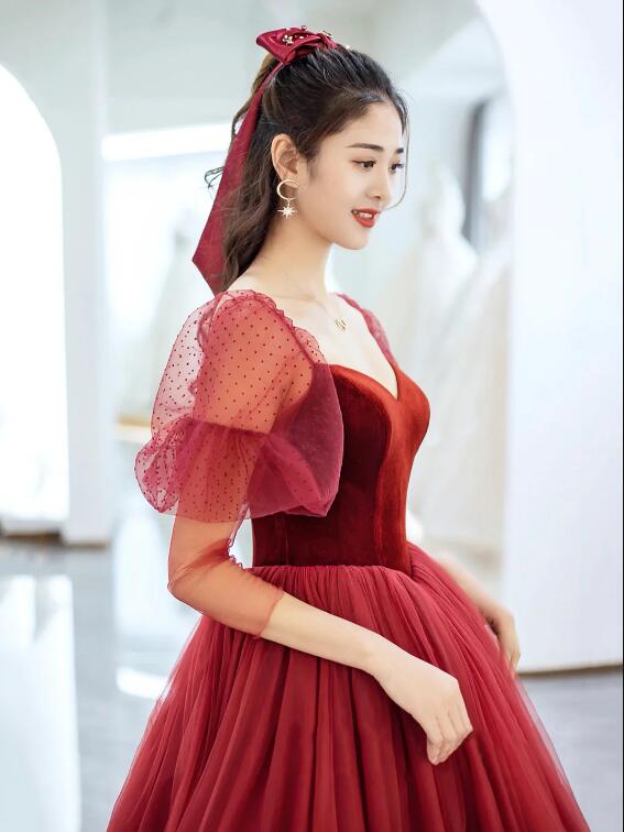 Burgundy Velvet and Tulle Floor Length Prom Dress, Beautiful Off the Shoulder Evening Party Dress