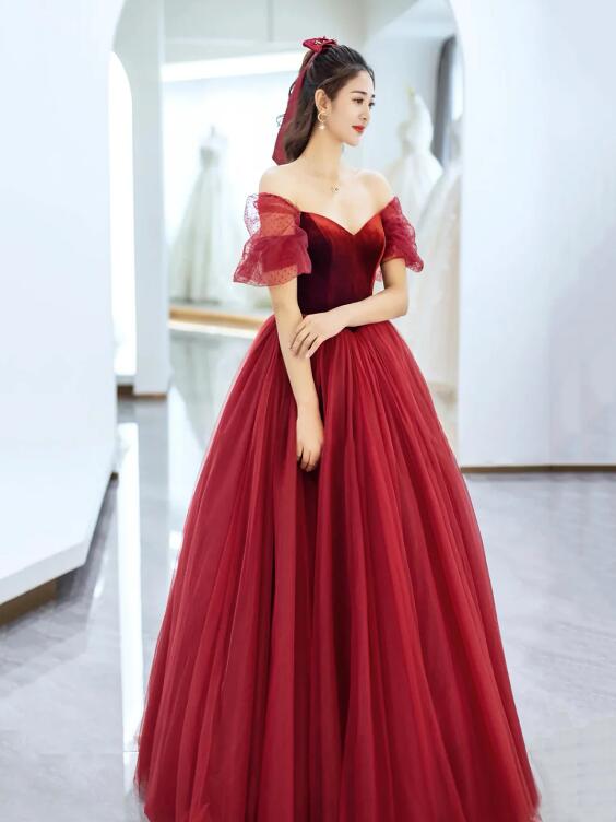 Burgundy Velvet and Tulle Floor Length Prom Dress, Beautiful Off the Shoulder Evening Party Dress