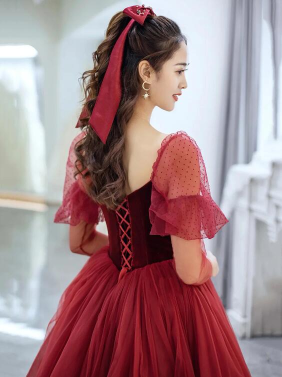 Burgundy Velvet and Tulle Floor Length Prom Dress, Beautiful Off the Shoulder Evening Party Dress