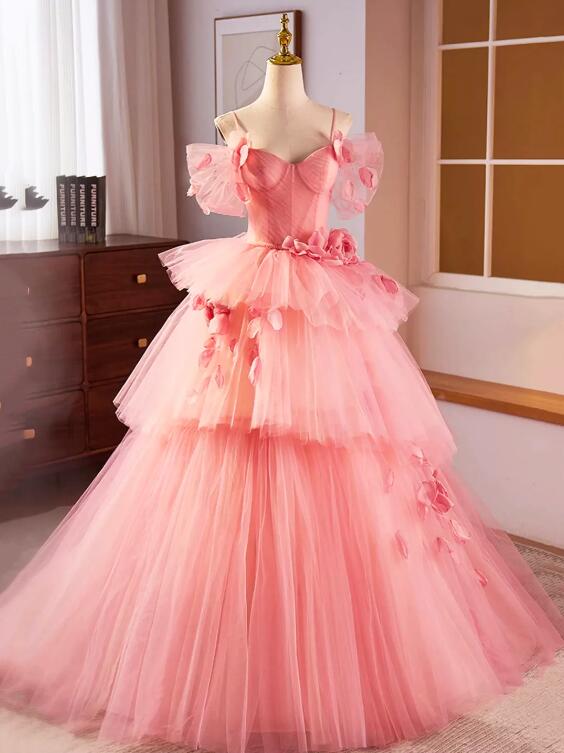 Pink Spaghetti Strap Tulle Long Prom Dress, Beautiful A-Line Sweet 16 Dress