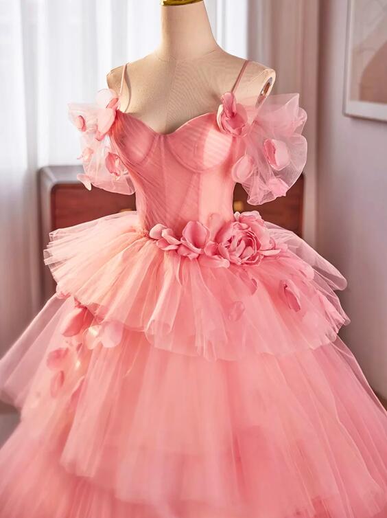 Pink Spaghetti Strap Tulle Long Prom Dress, Beautiful A-Line Sweet 16 Dress