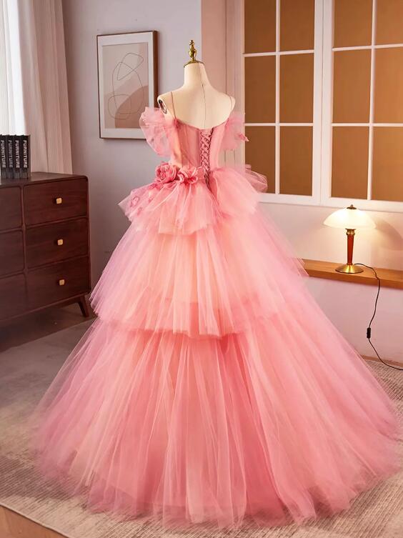 Pink Spaghetti Strap Tulle Long Prom Dress, Beautiful A-Line Sweet 16 Dress