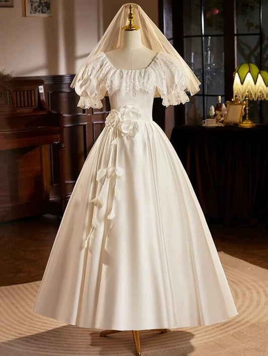 White Satin Tea Length Prom Dress with Lace, Retro A-Line Evening Party Dress