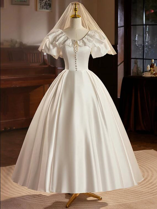 Retro Satin Tea Length Prom Dress with Lace, White A-Line Evening Party Dress