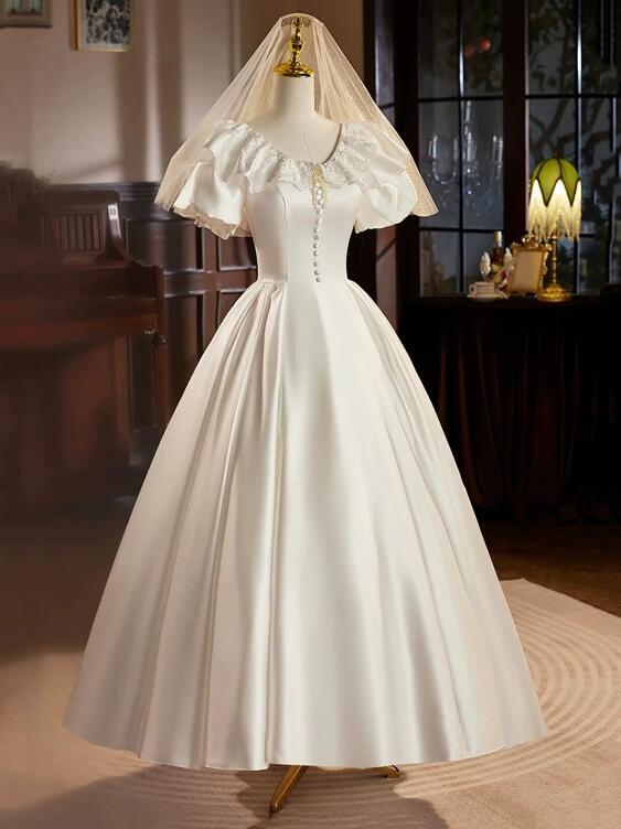 Retro Satin Tea Length Prom Dress with Lace, White A-Line Evening Party Dress