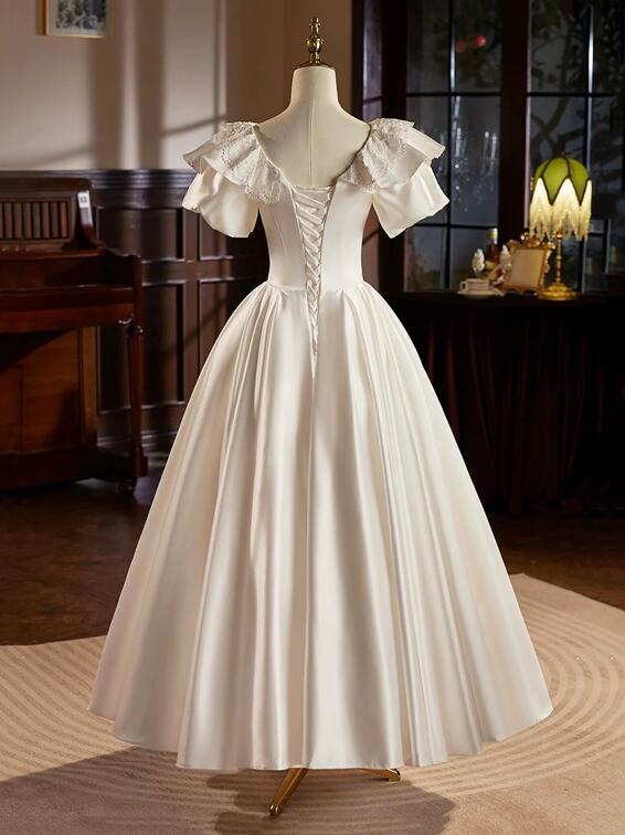 Retro Satin Tea Length Prom Dress with Lace, White A-Line Evening Party Dress