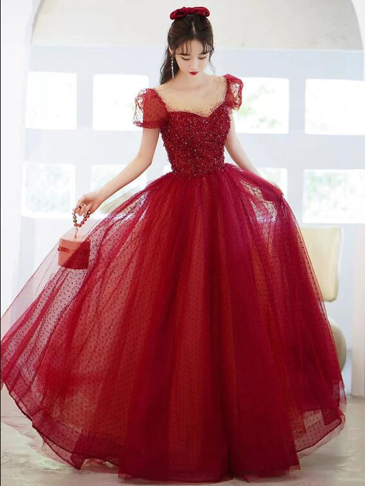 Burgundy Tulle Sequins Long Prom Dress, A-Line Scoop Neckline Evening Party Dress