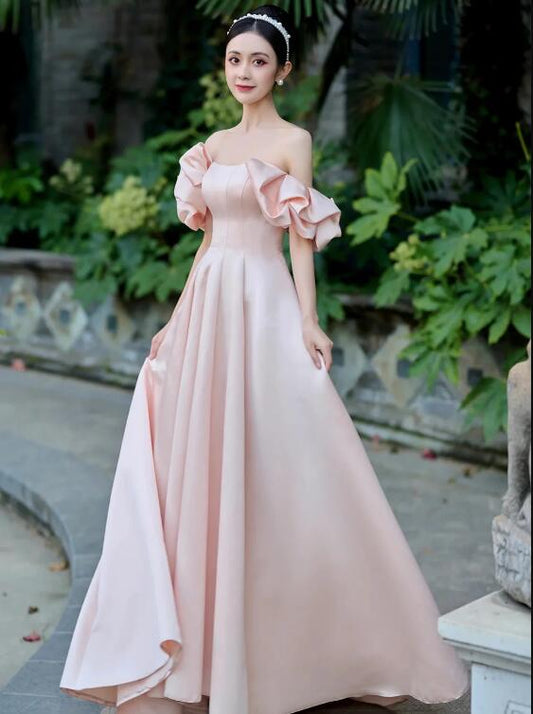 Pink Satin Floor Length Prom Dress, Off the Shoulder Evening Party Dress