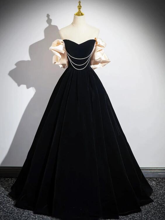 Black Velvet Floor Length Prom Dress, Off the Shoulder A-Line Evening Party Dress