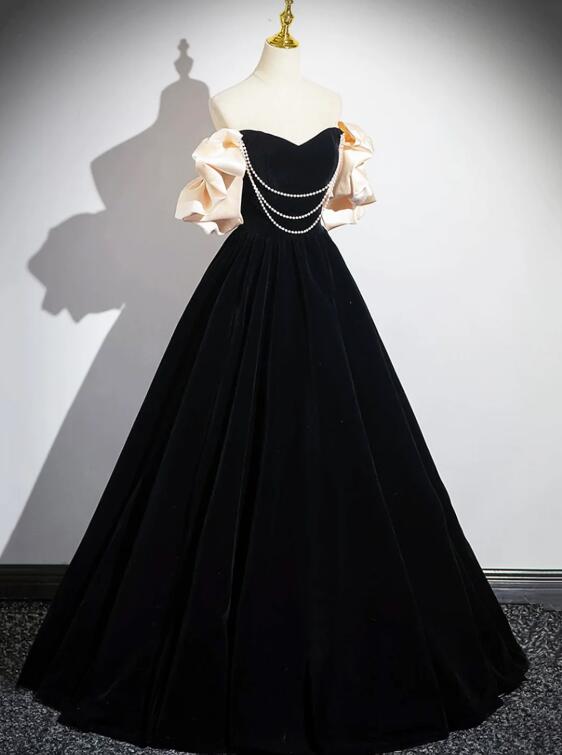 Black Velvet Floor Length Prom Dress, Off the Shoulder A-Line Evening Party Dress