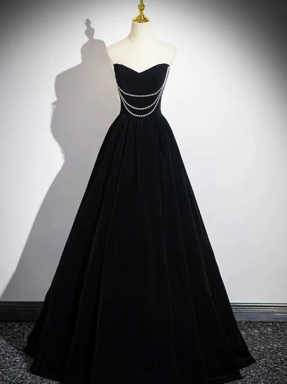 Black Velvet Floor Length Prom Dress, Off the Shoulder A-Line Evening Party Dress