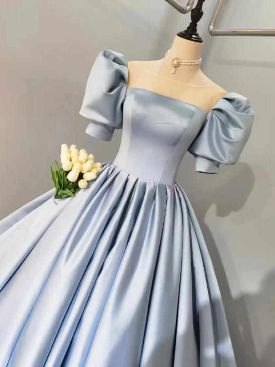 Blue Satin Floor Length Prom Dress, A-Line Short Sleeve Evening Party Dress