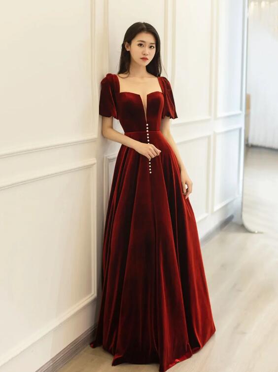 Burgundy Velvet Long Prom Dress, Elegant A-Line Short Sleeve Evening Party Dress