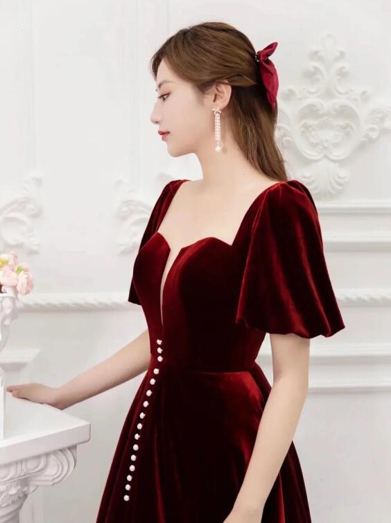 Burgundy Velvet Long Prom Dress, Elegant A-Line Short Sleeve Evening Party Dress