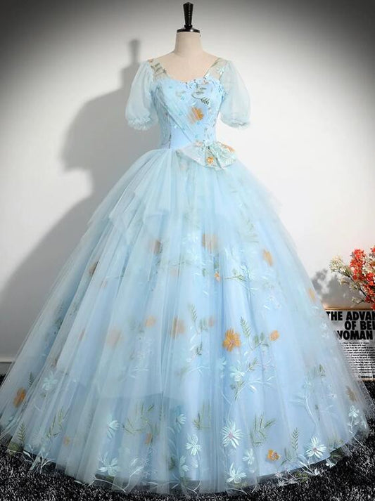 Blue Tulle Floor Length Prom Dress, Beautiful Short Sleeve Evening Party Dress