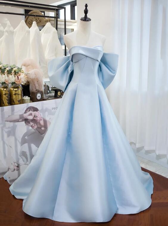 Blue Satin Long Prom Dress, A-Line Off the Shoulder Evening Party Dress