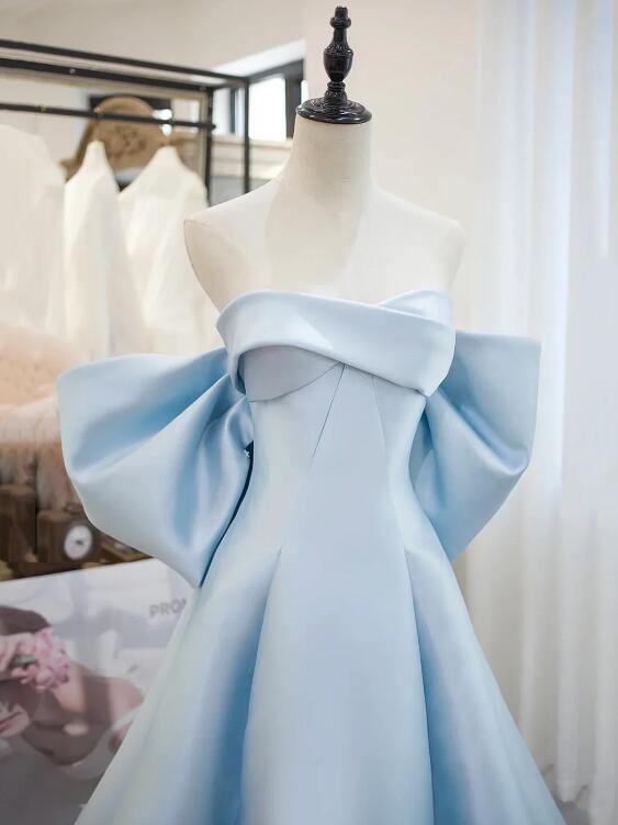 Blue Satin Long Prom Dress, A-Line Off the Shoulder Evening Party Dress