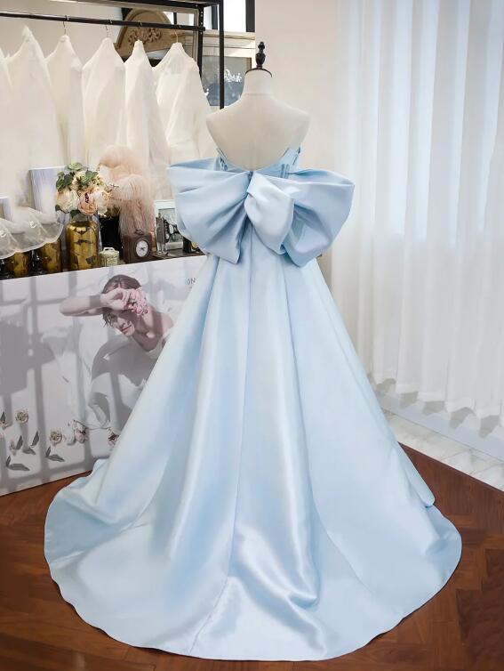 Blue Satin Long Prom Dress, A-Line Off the Shoulder Evening Party Dress