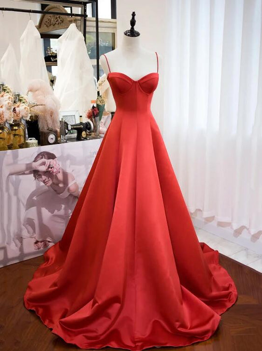 Red Spaghetti Strap Satin Long Prom Dress, Simple A-Line Backless Evening Party Dress