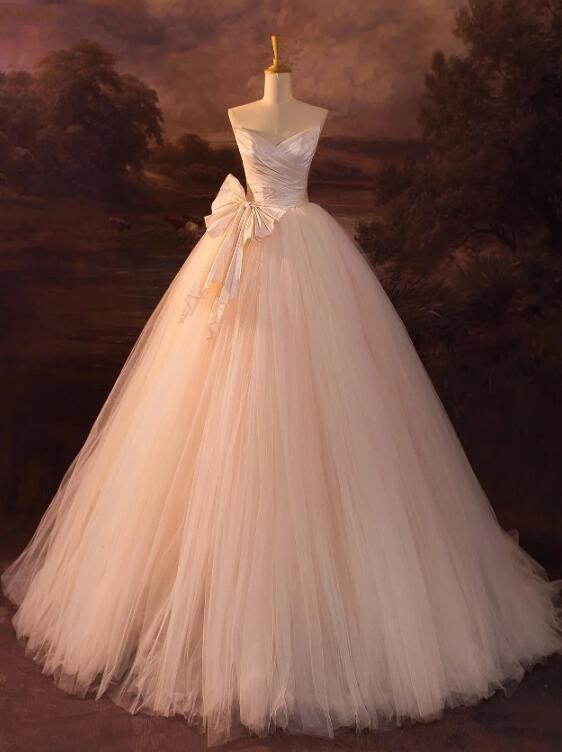 Champagne Strapless Tulle Long Prom Dress, Beautiful A-Line Formal Evening Dress