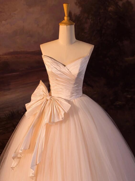 Champagne Strapless Tulle Long Prom Dress, Beautiful A-Line Formal Evening Dress