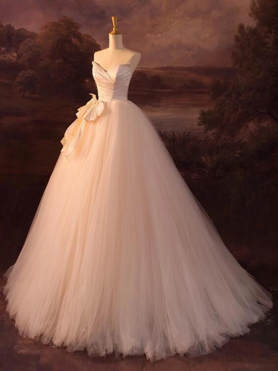 Champagne Strapless Tulle Long Prom Dress, Beautiful A-Line Formal Evening Dress