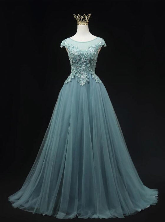 Blue Scoop Neckline Tulle Lace Long Prom Dress, Beautiful Lace Formal Evening Dress