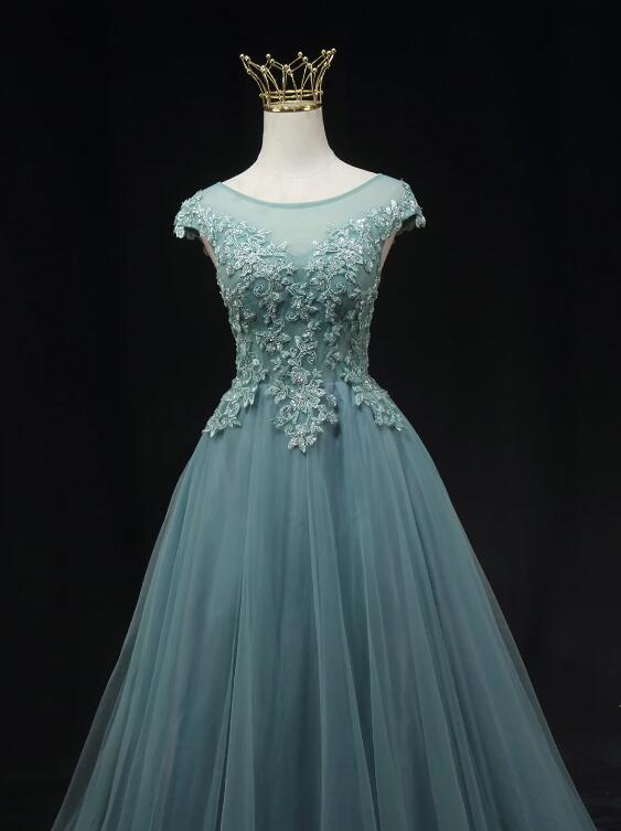 Blue Scoop Neckline Tulle Lace Long Prom Dress, Beautiful Lace Formal Evening Dress