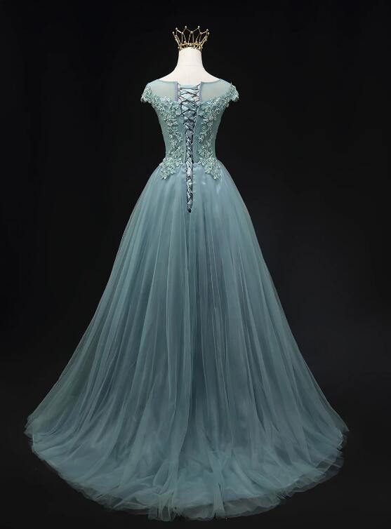 Blue Scoop Neckline Tulle Lace Long Prom Dress, Beautiful Lace Formal Evening Dress