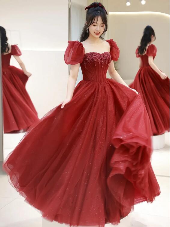 Wine Red Tulle A-line Beaded Long Formal Dress, Beautiful A-Line Short Sleeve Evening Prom Dress