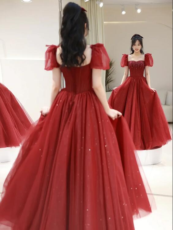 Wine Red Tulle A-line Beaded Long Formal Dress, Beautiful A-Line Short Sleeve Evening Prom Dress