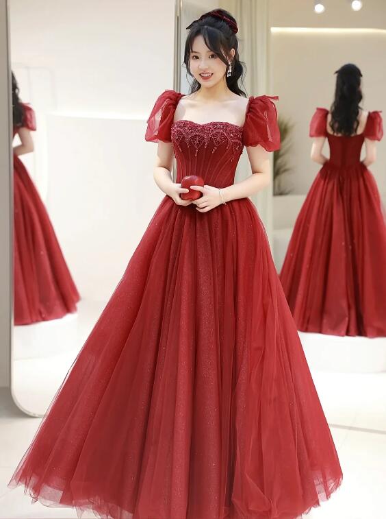 Wine Red Tulle A-line Beaded Long Formal Dress, Beautiful A-Line Short Sleeve Evening Prom Dress