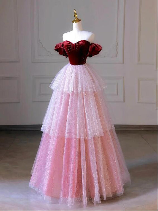 Burgundy Velvet and Layers Tulle Long Prom Dress, Off the Shoulder A-Line Evening Party Dress