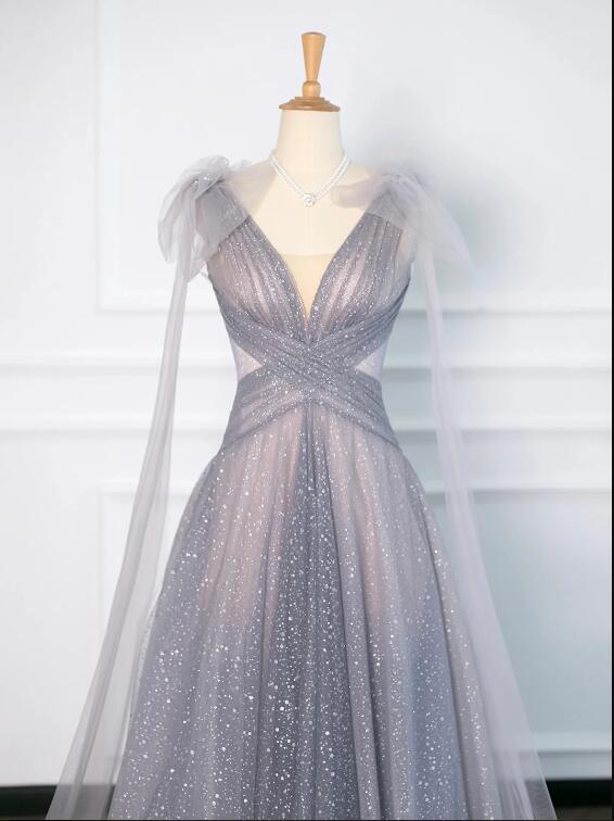 Gray Tulle V-Neck Floor Length Prom Dress, A-Line Backless Evening Party Dress