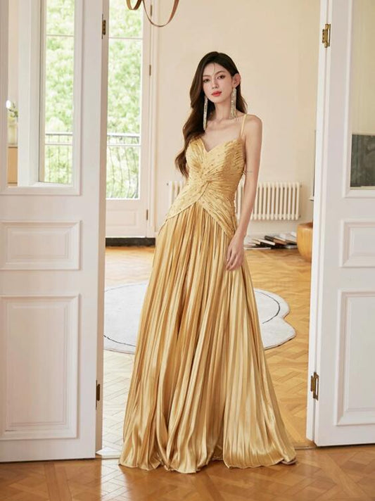 Unique Spaghetti Straps Satin Long Prom Dress, Gold V-Neck Backless Evening Party Dress