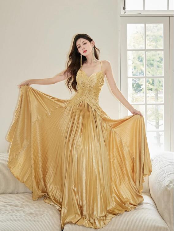 Unique Spaghetti Straps Satin Long Prom Dress, Gold V-Neck Backless Evening Party Dress