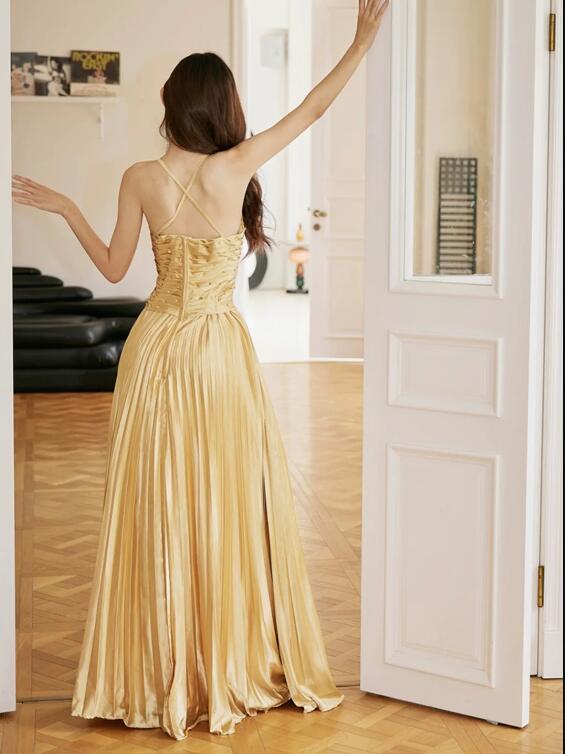 Unique Spaghetti Straps Satin Long Prom Dress, Gold V-Neck Backless Evening Party Dress