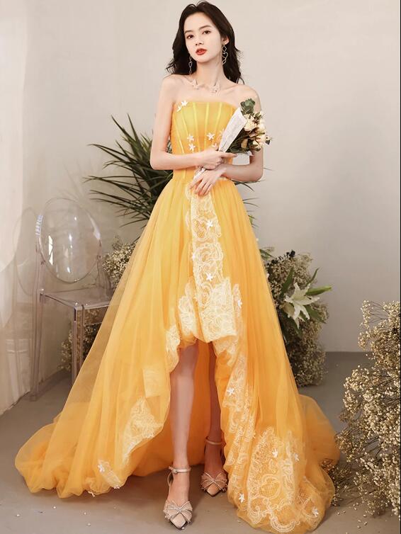 Unique Spaghetti Straps Satin Long Prom Dress, Gold V-Neck Backless Evening Party Dress