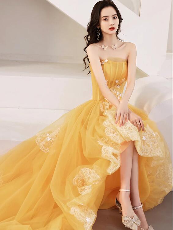 Unique Spaghetti Straps Satin Long Prom Dress, Gold V-Neck Backless Evening Party Dress