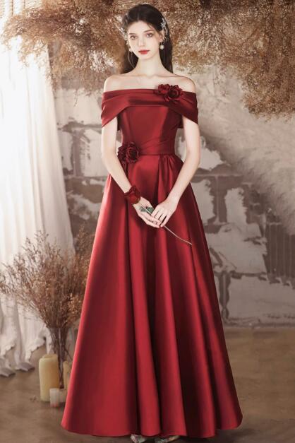 Burgundy Satin Long Prom Dress, Beautiful Off the Shoulder A-Line Evening Party Dress